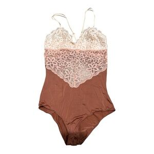 Aerie Lace Overlay Chemise in Cream and Brown